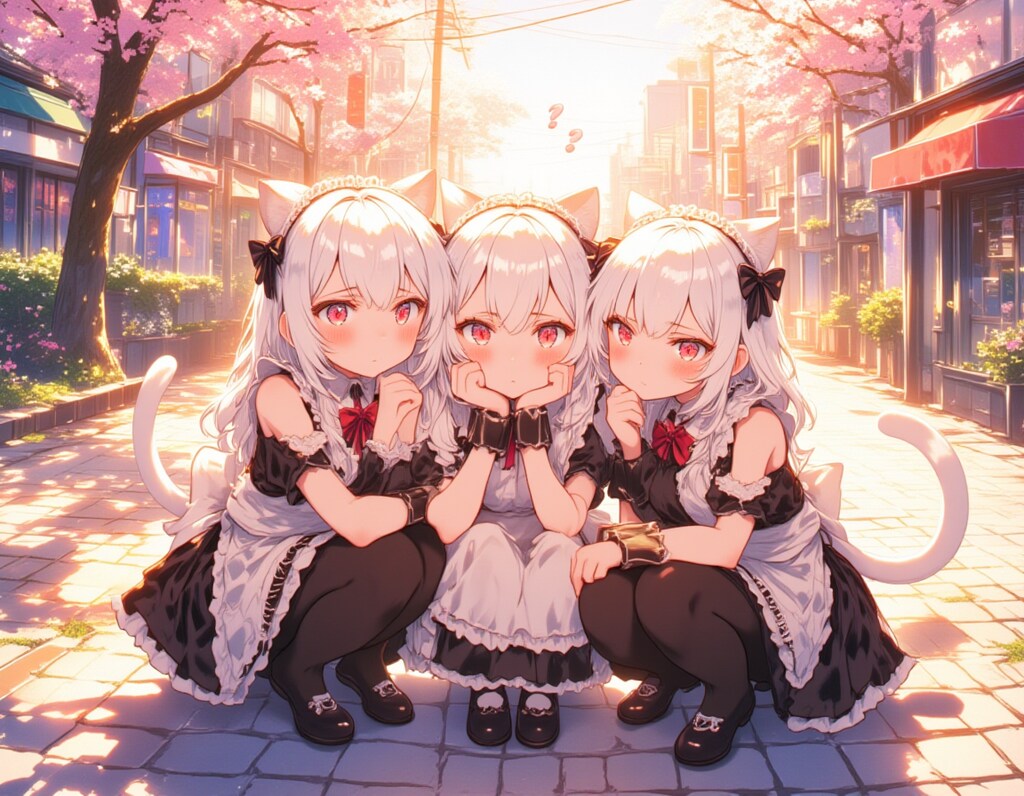 春の街角で佇むジト目の猫耳メイド三姉妹