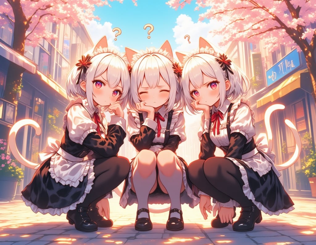 春の街角で佇むジト目の猫耳メイド三姉妹