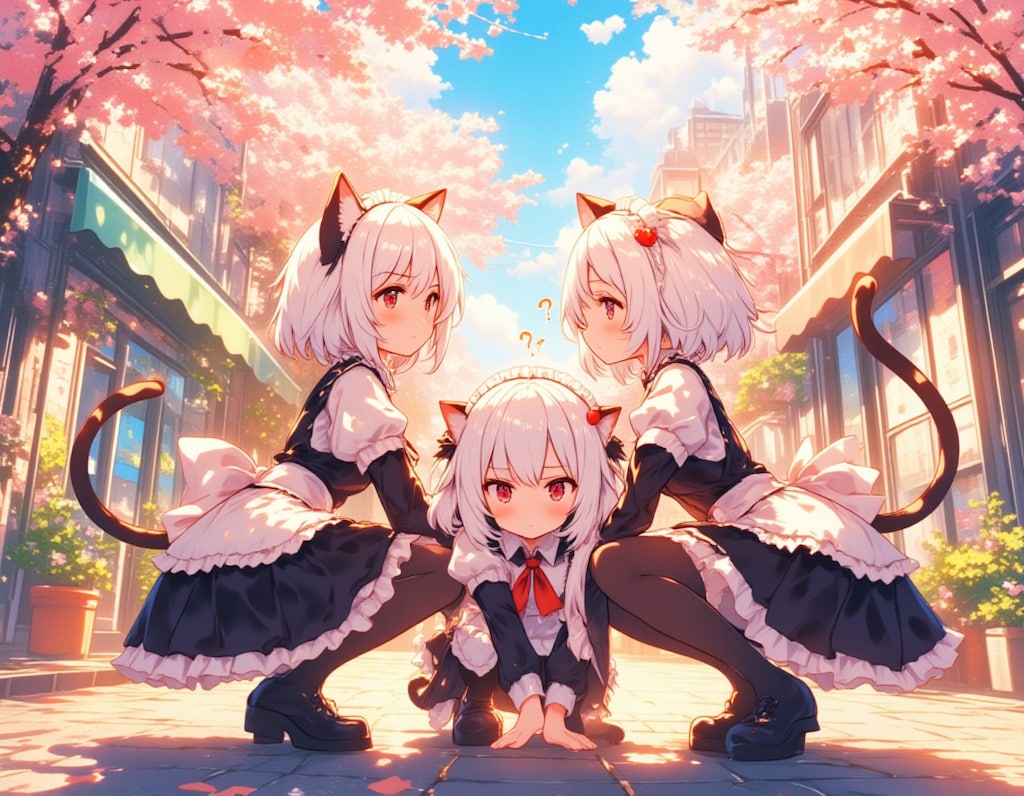 春の街角で佇むジト目の猫耳メイド三姉妹