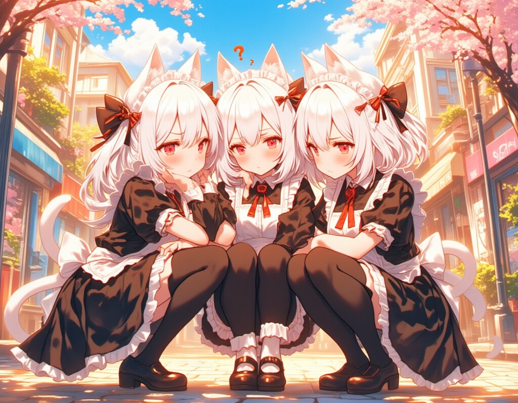 春の街角で佇むジト目の猫耳メイド三姉妹