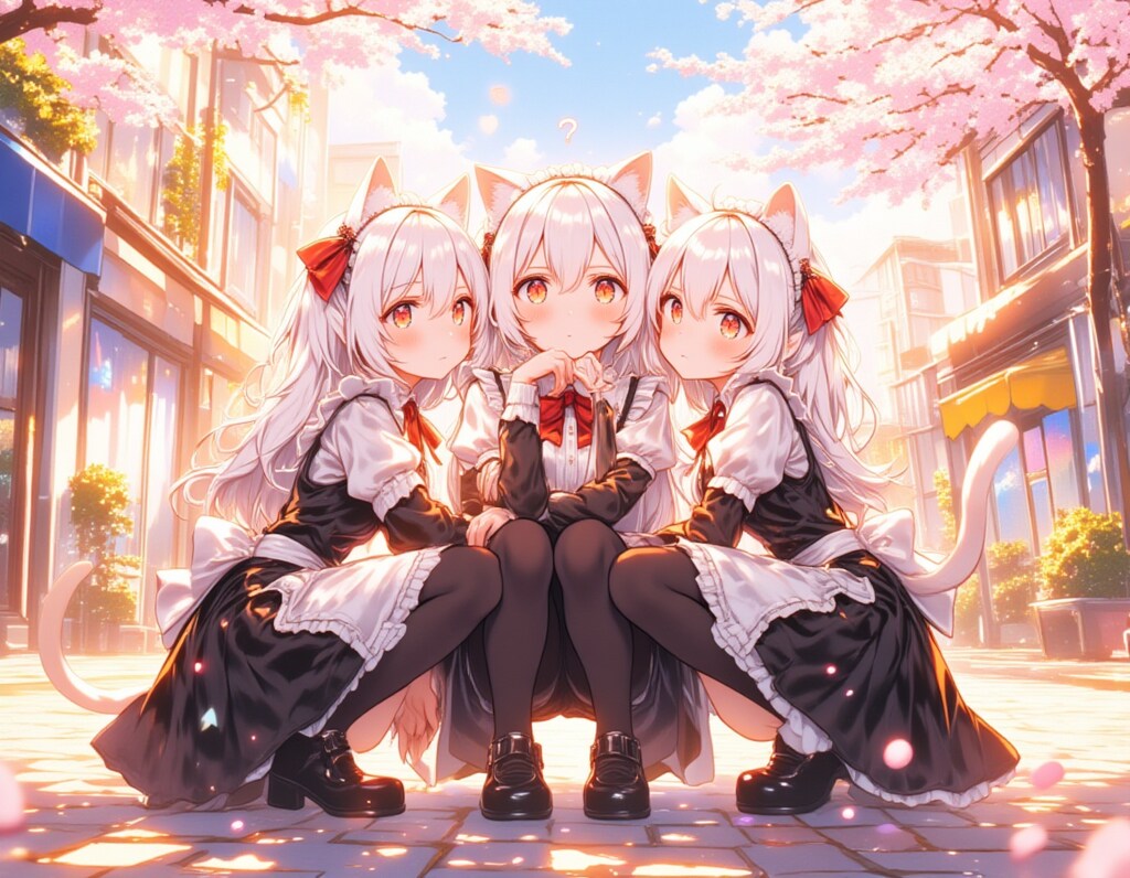 春の街角で佇むジト目の猫耳メイド三姉妹