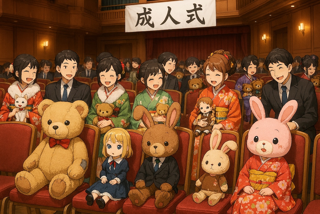 長く大切に使われたドールやぬいぐるみを持ち寄る集会を"成人式"と称して集まっている人達,
