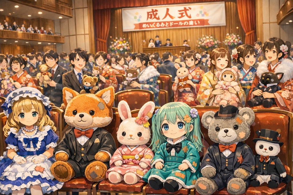 長く大切に使われたドールやぬいぐるみを持ち寄る集会を"成人式"と称して集まっている人達,