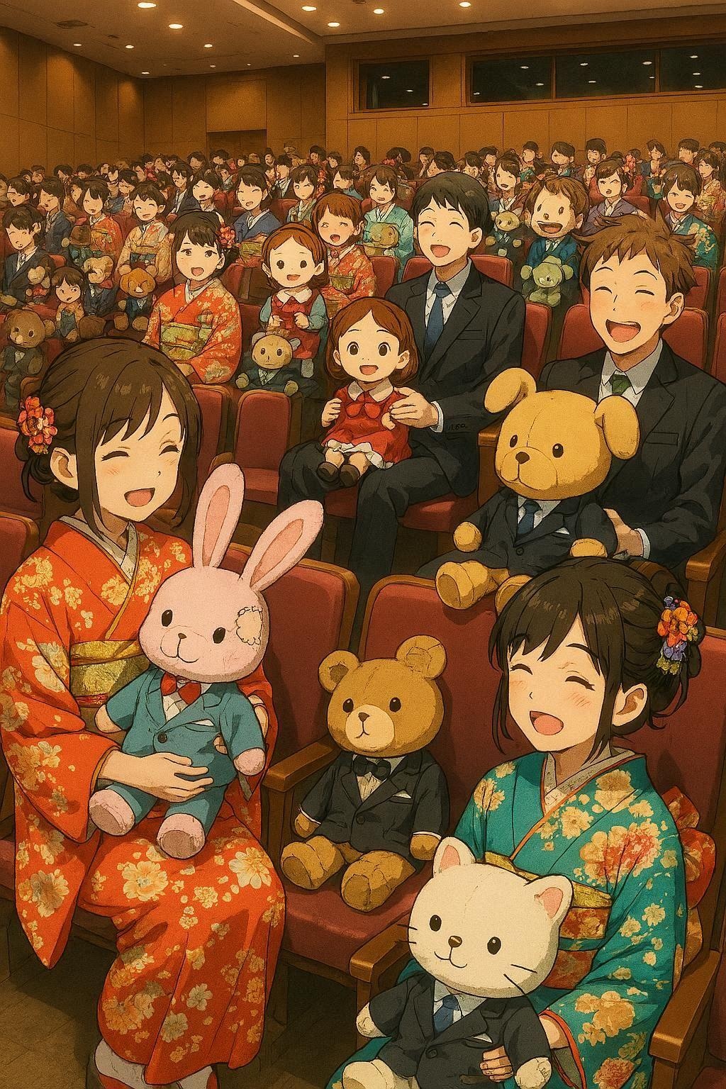 長く大切に使われたドールやぬいぐるみを持ち寄る集会を"成人式"と称して集まっている人達,