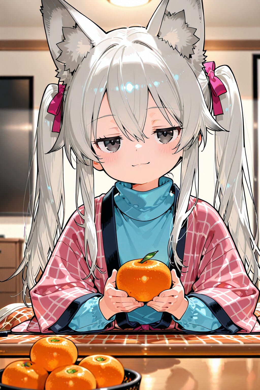 シロはこたつでぬくぬくする