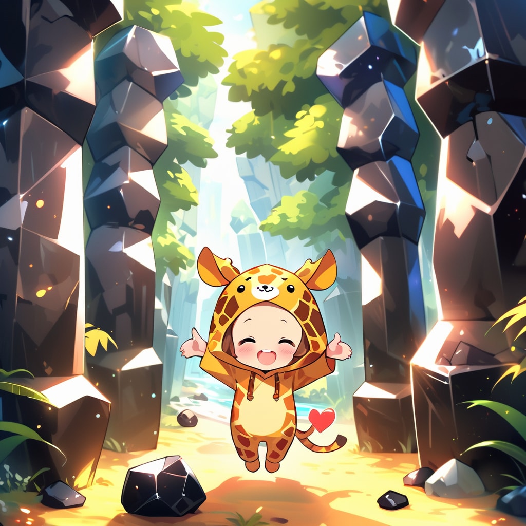 巨大な黒曜石の柱とキリン着ぐるみちび子ちゃん