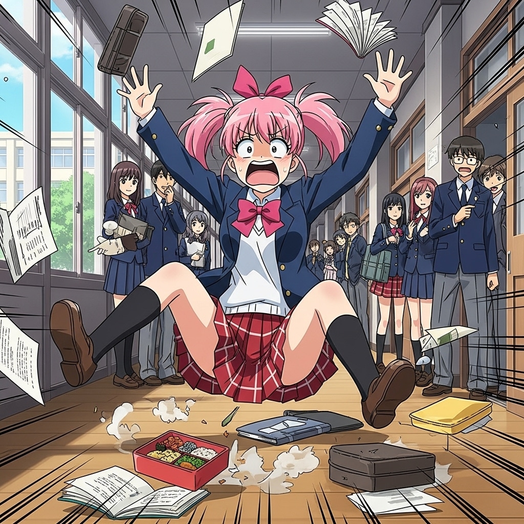 学校の廊下で転ぶドジっ子