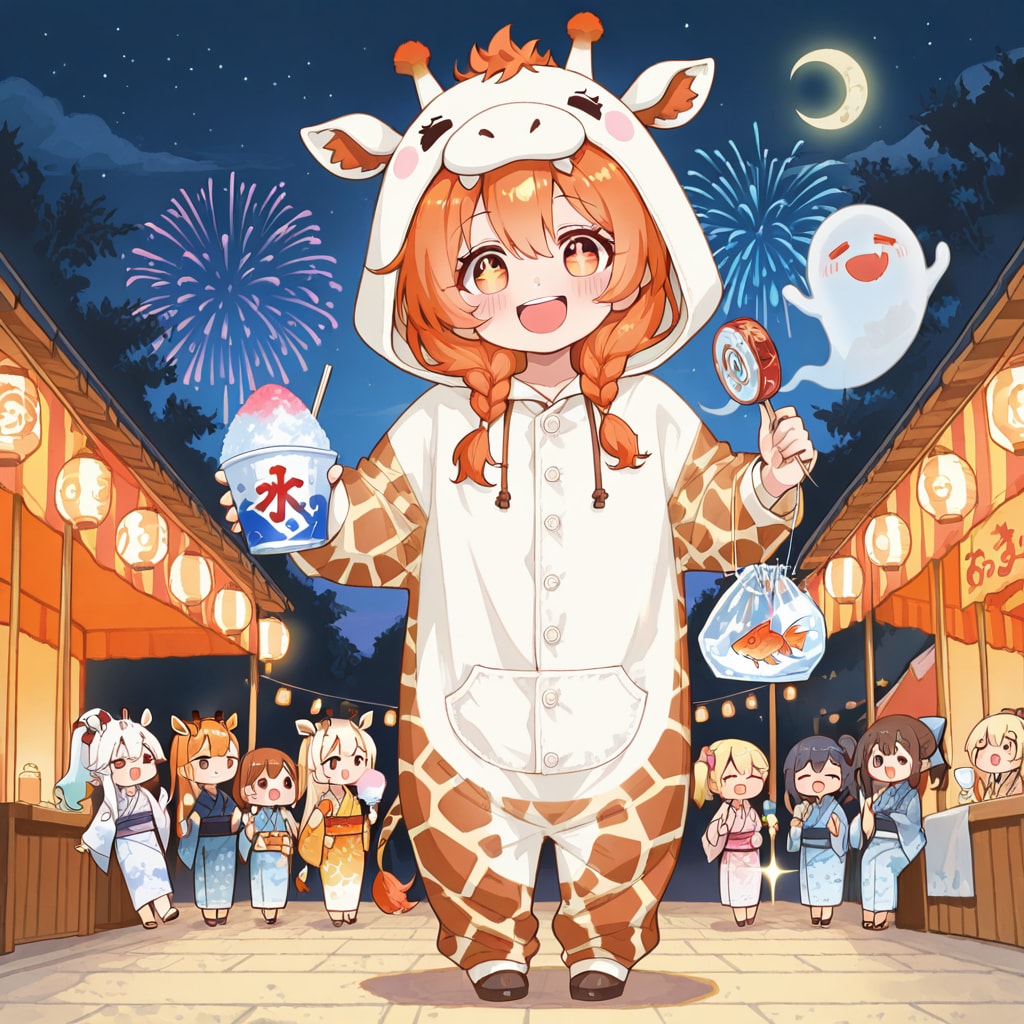 お祭りをオバケと楽しむキリン着ぐるみちび子ちゃん