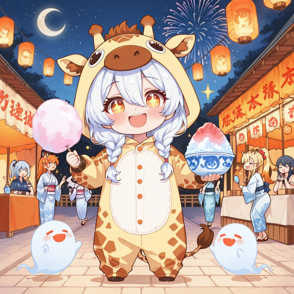 お祭りをオバケと楽しむキリン着ぐるみちび子ちゃん