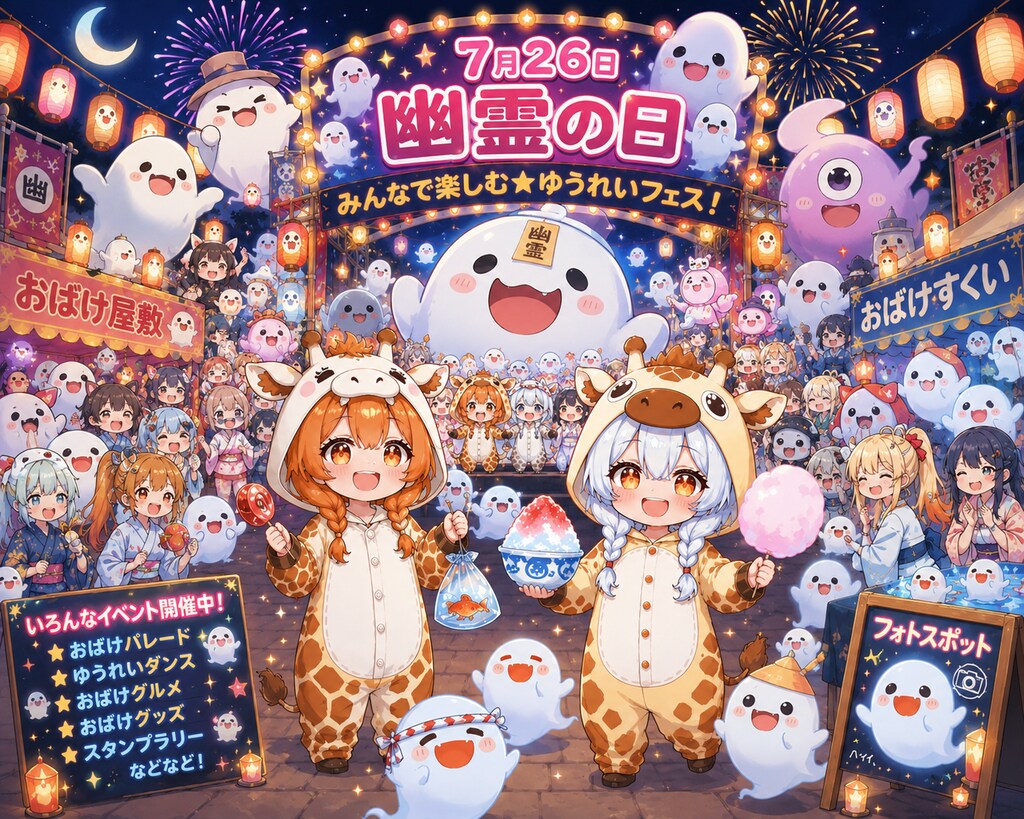 お祭りをオバケと楽しむキリン着ぐるみちび子ちゃん