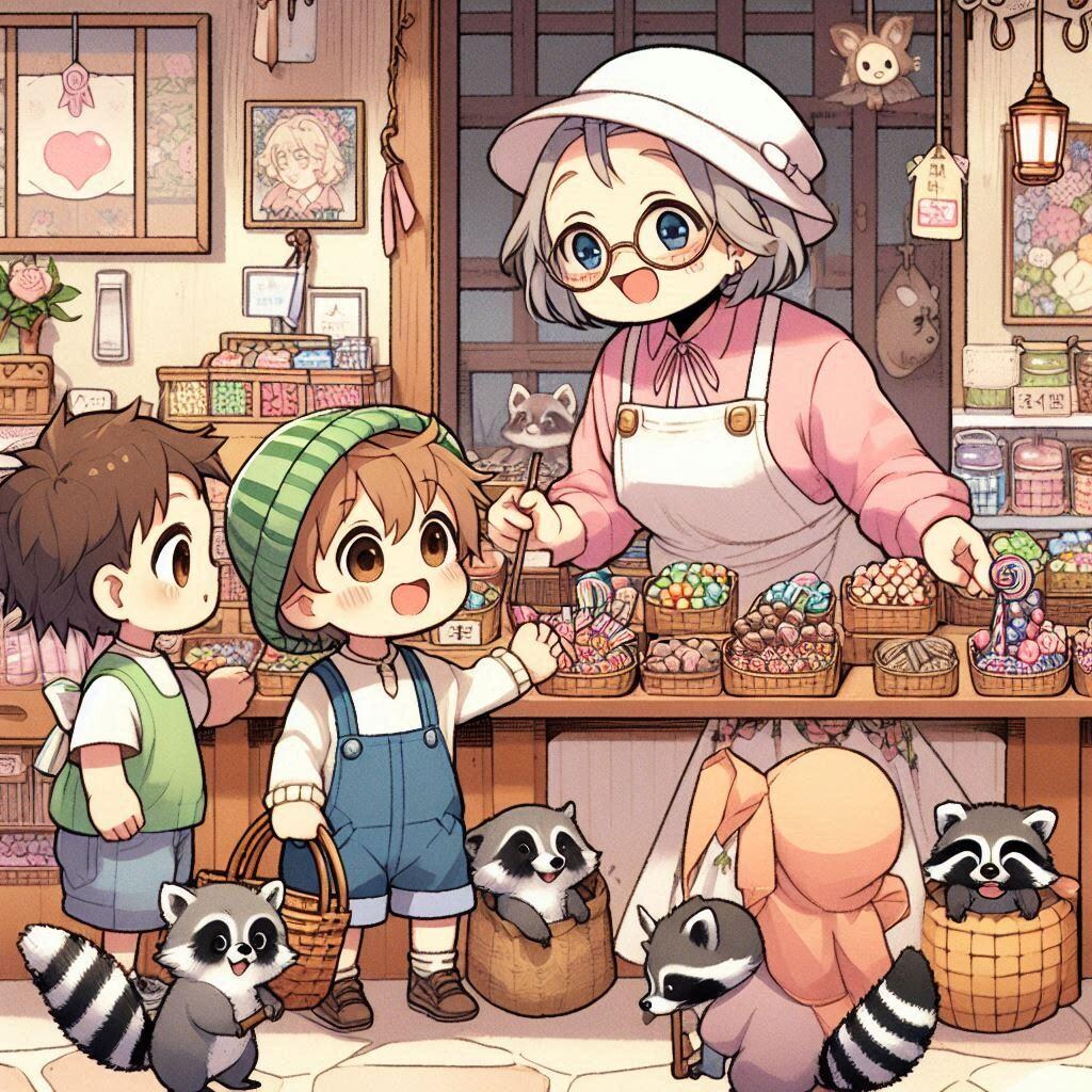 駄菓子屋のおばあちゃんと狸のお客さん