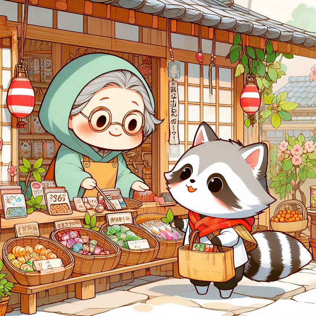 駄菓子屋のおばあちゃんと狸のお客さん