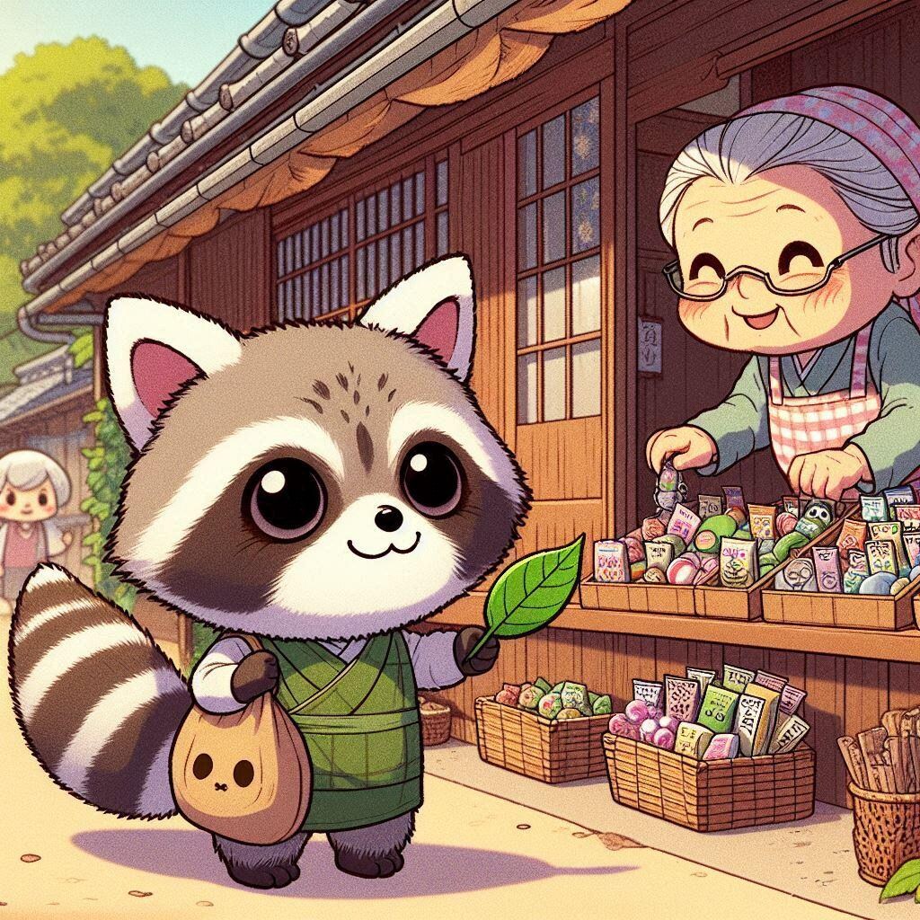 駄菓子屋のおばあちゃんと狸のお客さん