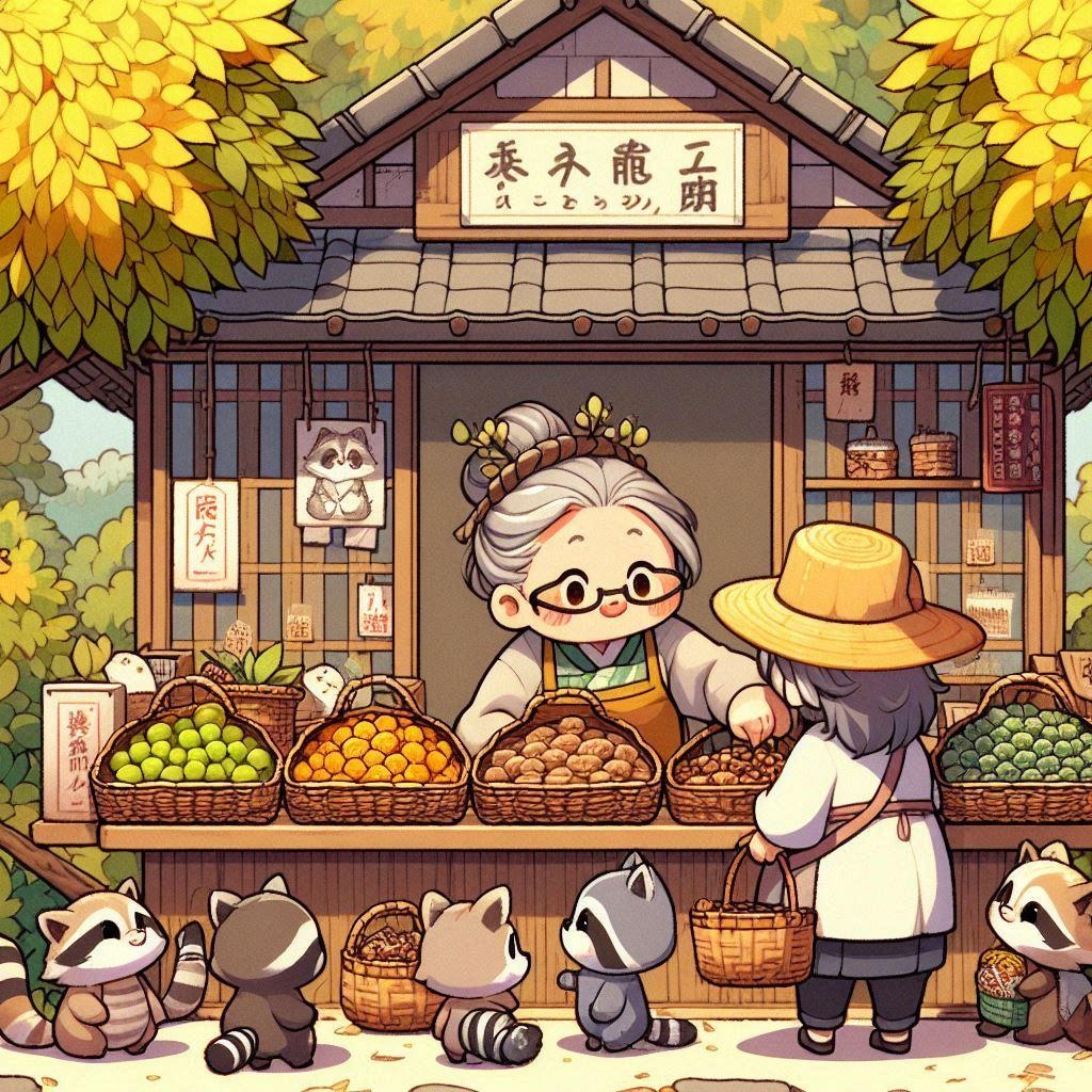 駄菓子屋のおばあちゃんと狸のお客さん