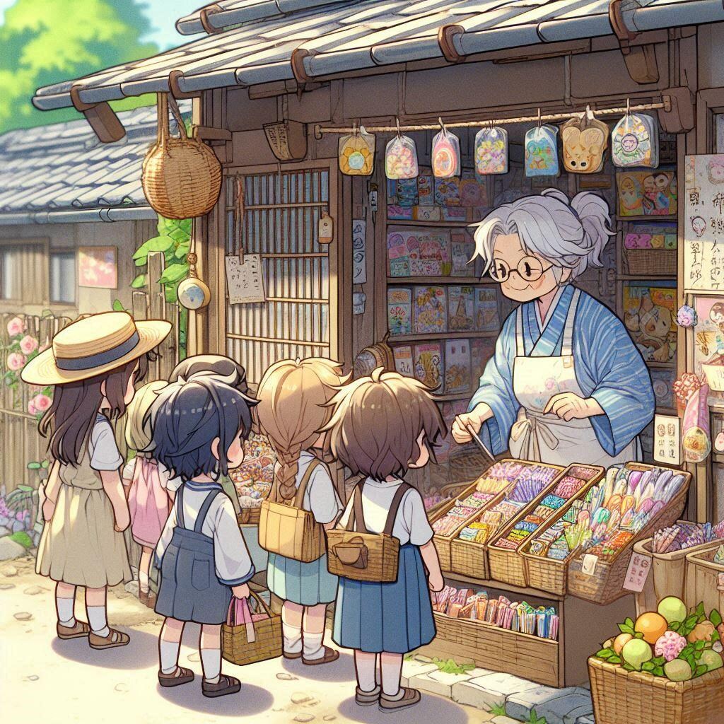 駄菓子屋のおばあちゃんと狸のお客さん