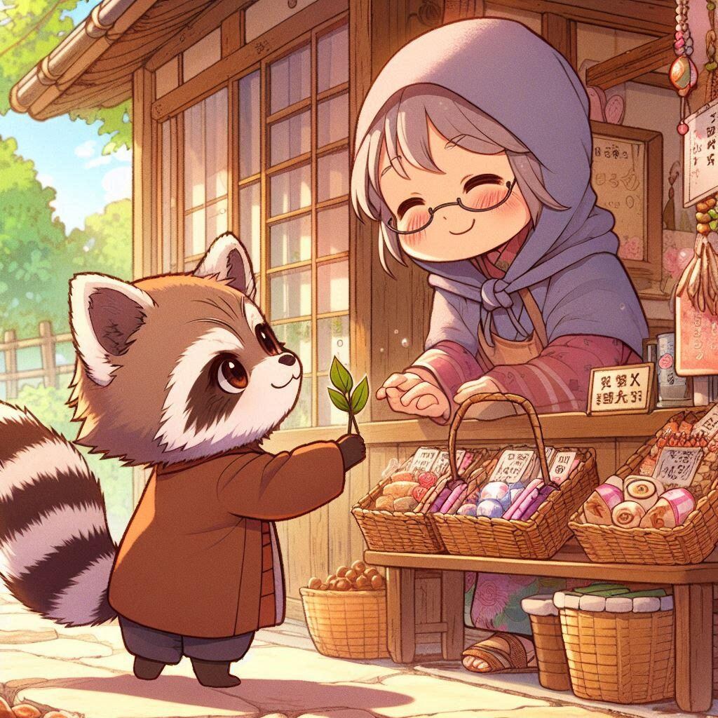 駄菓子屋のおばあちゃんと狸のお客さん