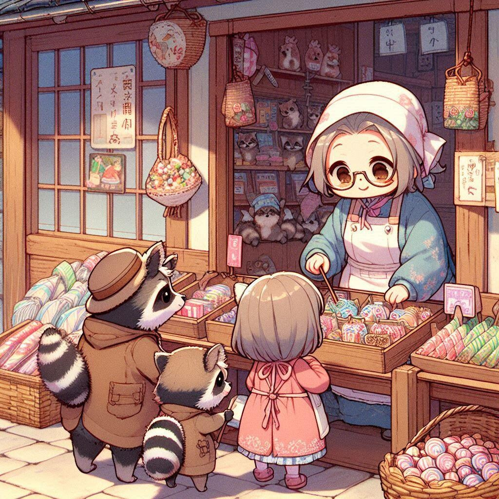 駄菓子屋のおばあちゃんと狸のお客さん