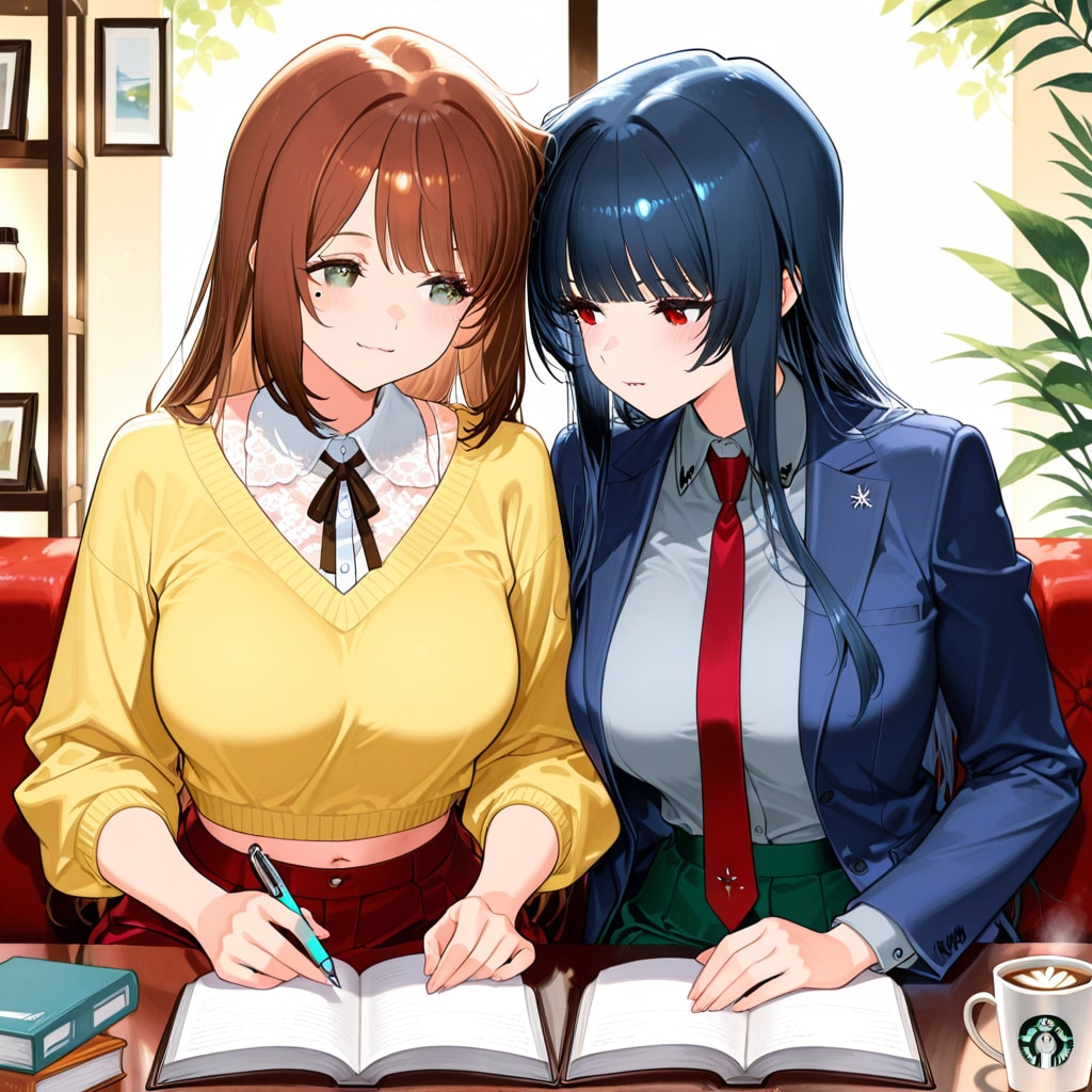 ファミレスで試験勉強に励むJK２人