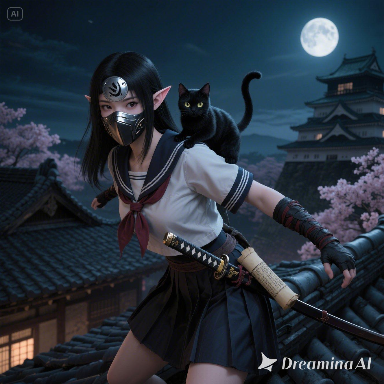 月夜の江戸城に忍び込むエルフ忍者JKと黒猫