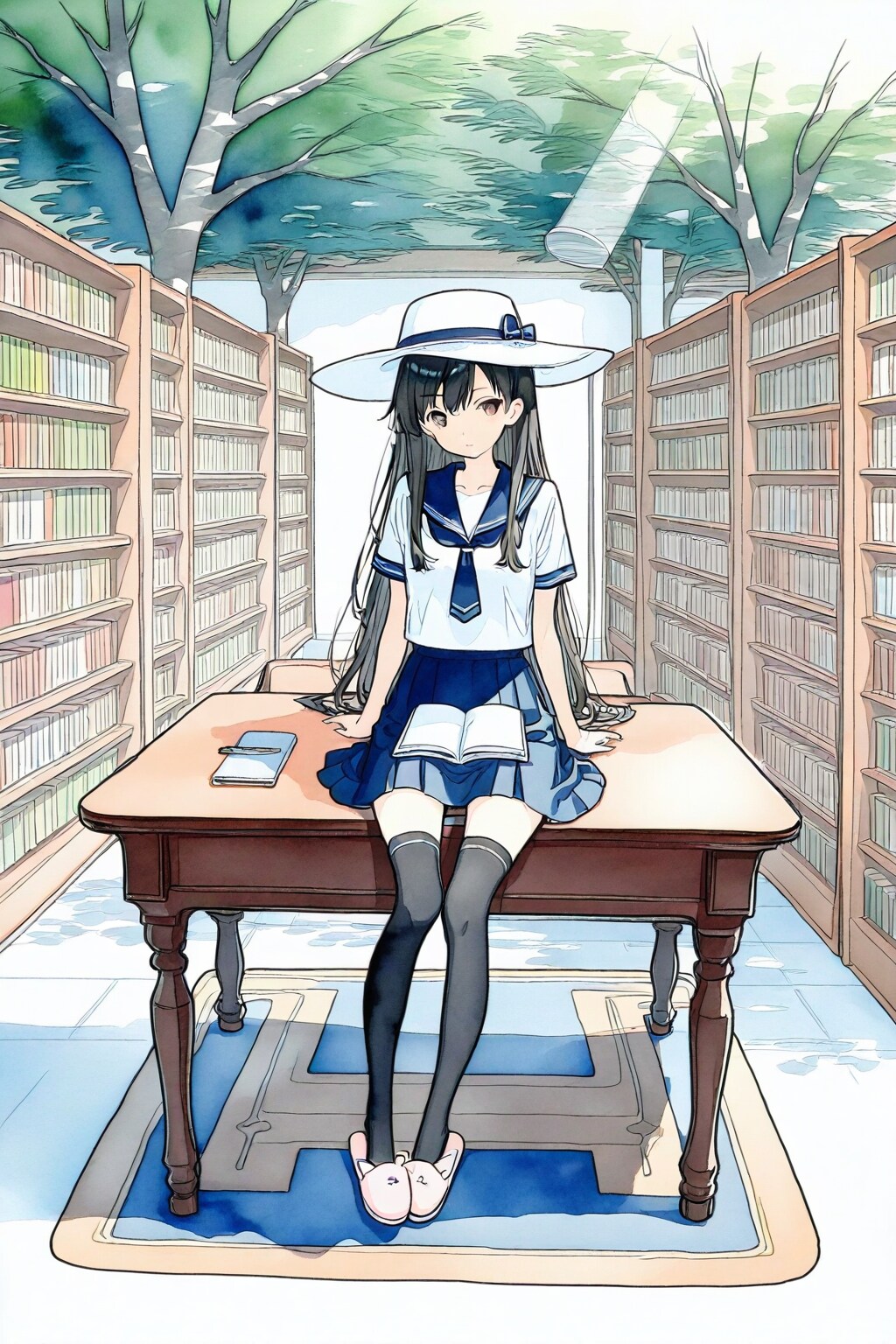 sitting at a large table working on summer homework　だと素直にテーブルに座ってしまう事もある女子高生