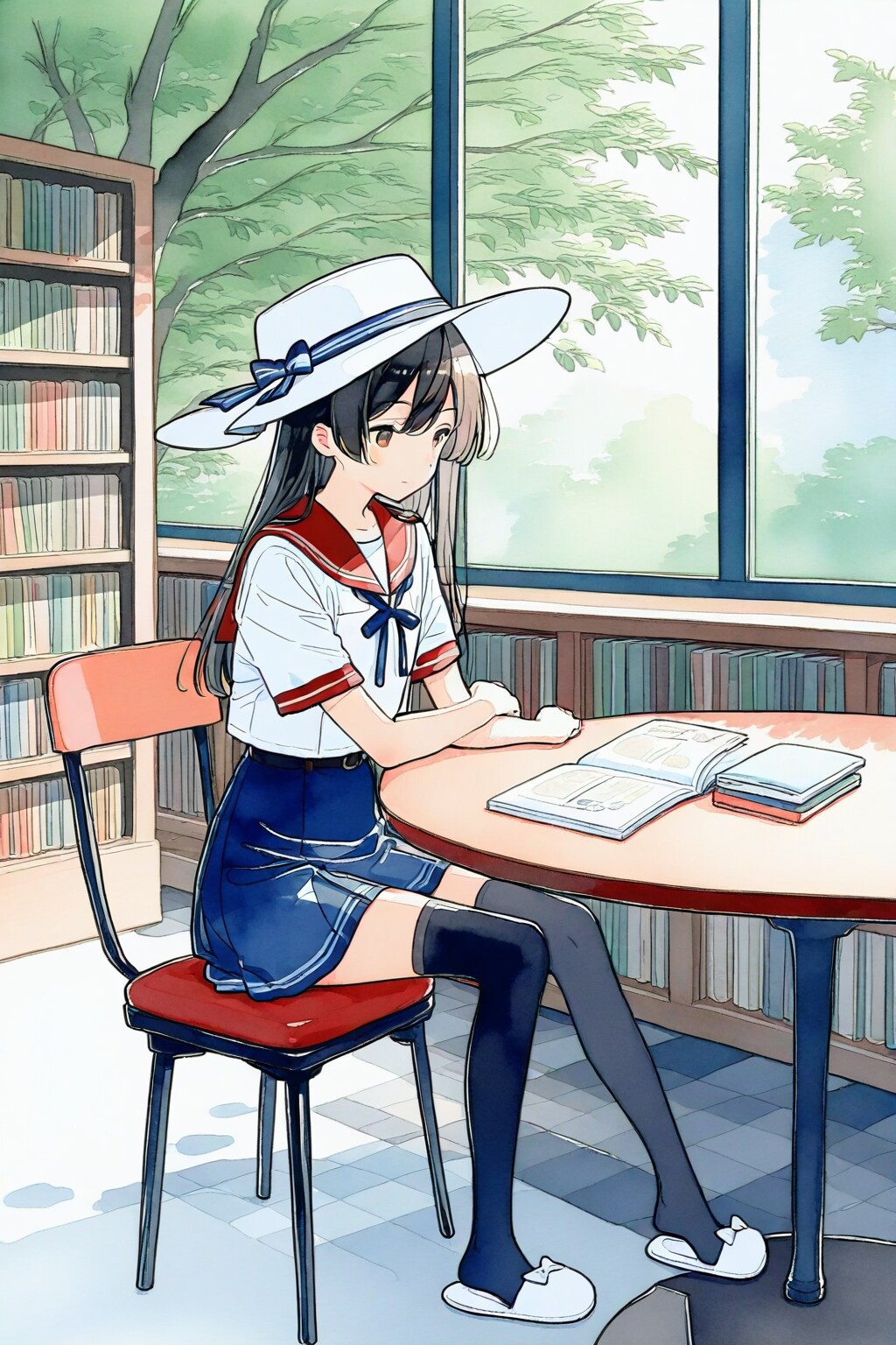 sitting at a large table working on summer homework　だと素直にテーブルに座ってしまう事もある女子高生