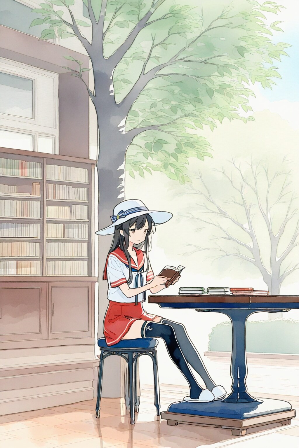 sitting at a large table working on summer homework　だと素直にテーブルに座ってしまう事もある女子高生