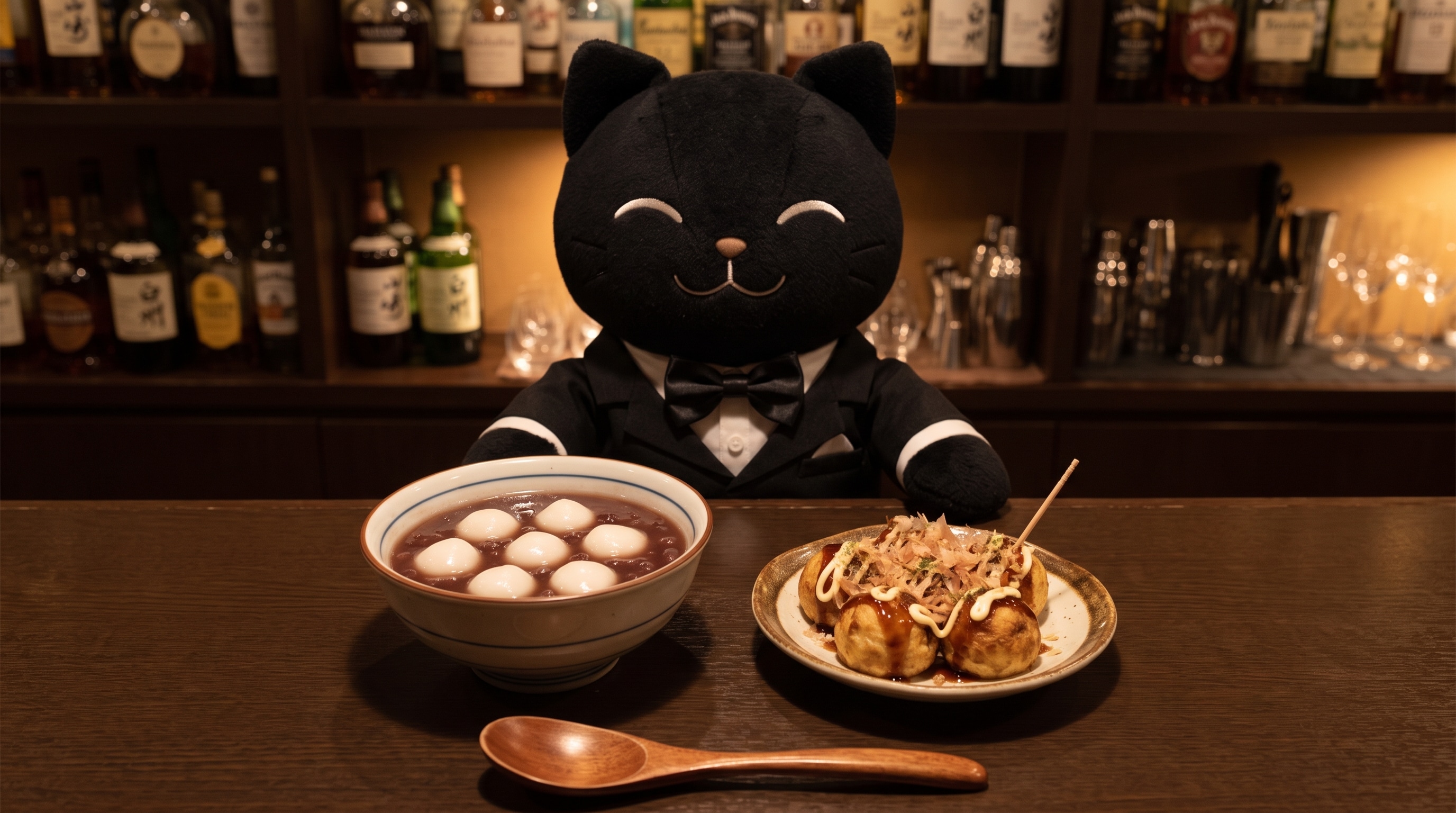 黒猫バーテンダーの冷やし白玉善哉とたこ焼きのセット