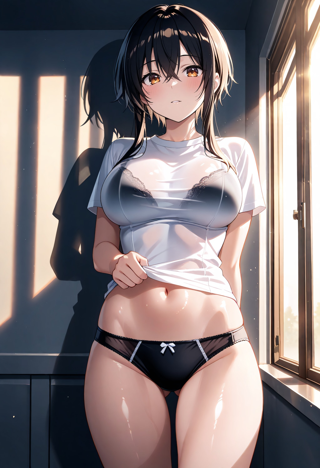 伸ばすシャツにチラ見えするパンツ