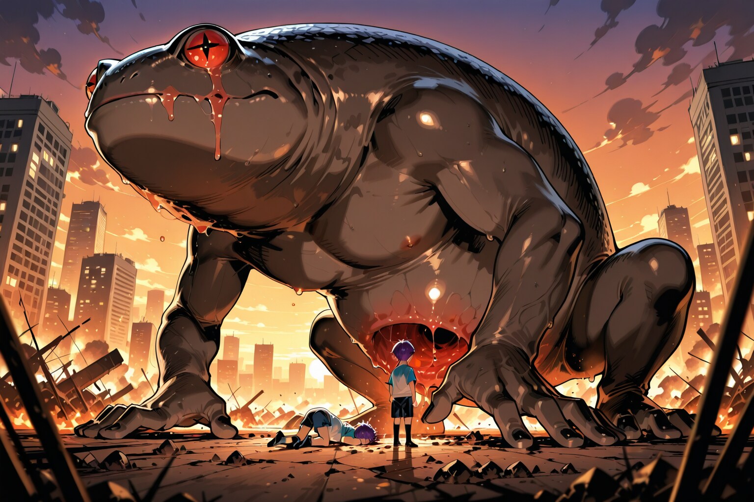 倒された巨大なカエル型のモンスター
