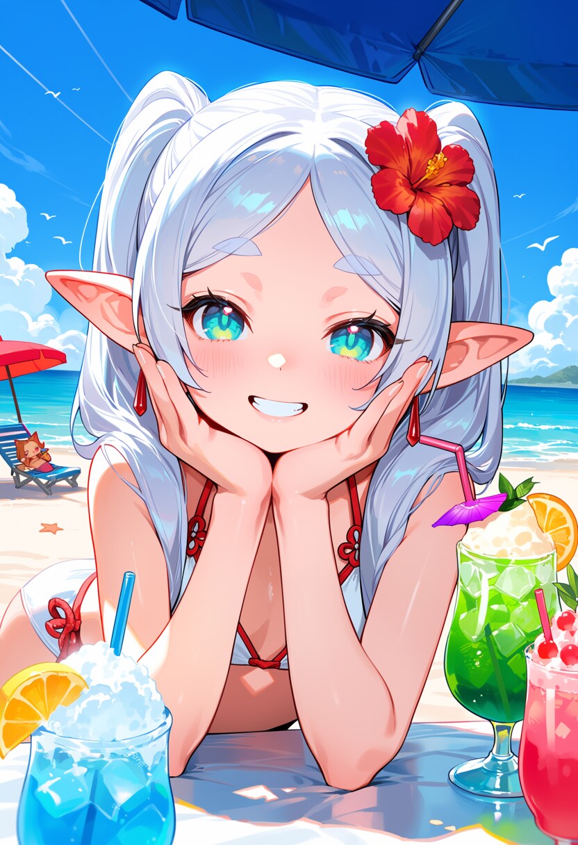 夏の涼を楽しむエルフの女の子