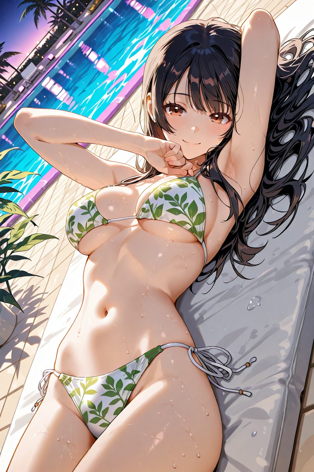 プールに寝転ぶ黒髪美少女