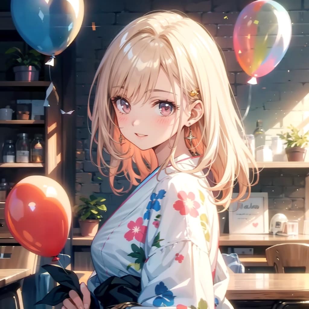 和室でいっぱい風船を持つ白い髪ロングの浴衣着た美女。