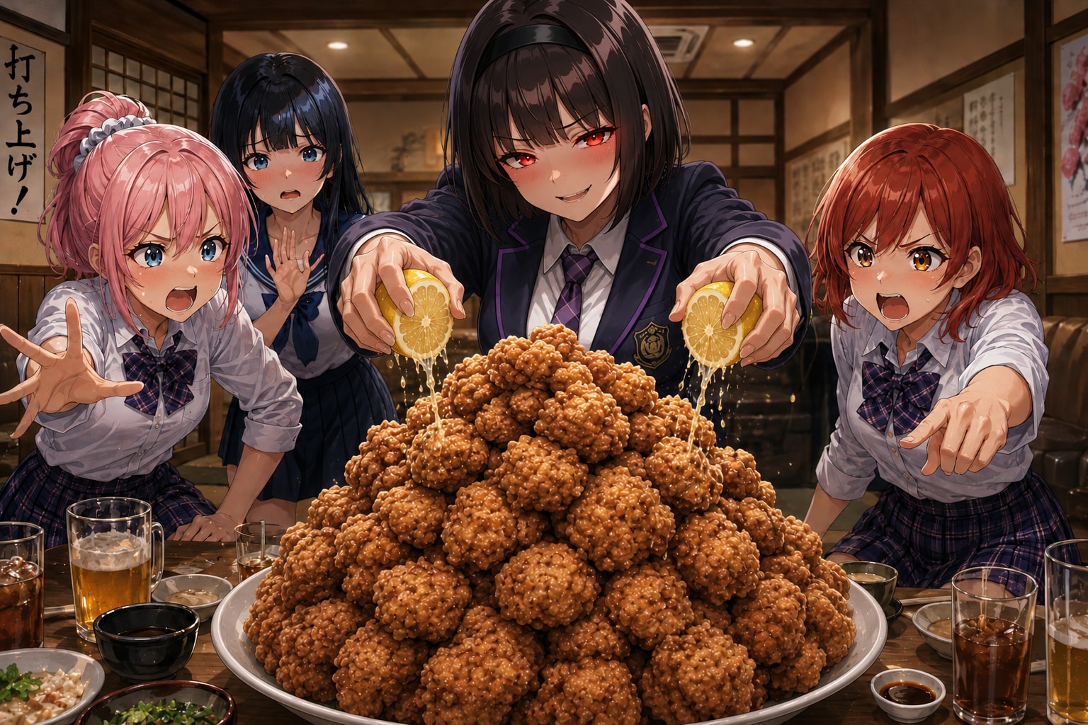大皿の唐揚げ全体にレモン汁かける奴 | の人気AIイラスト・グラビア