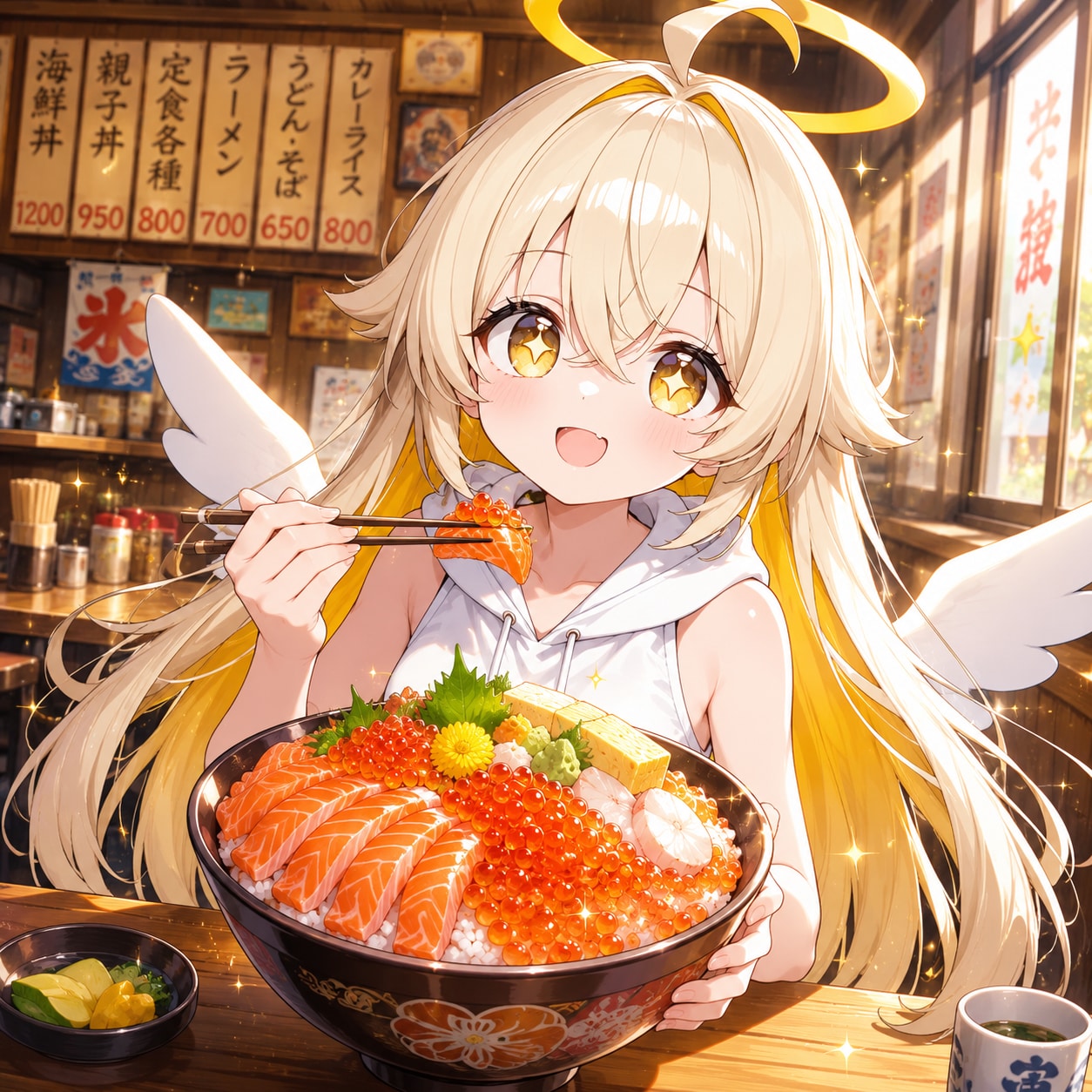 親子丼を食べる天使ちゃん