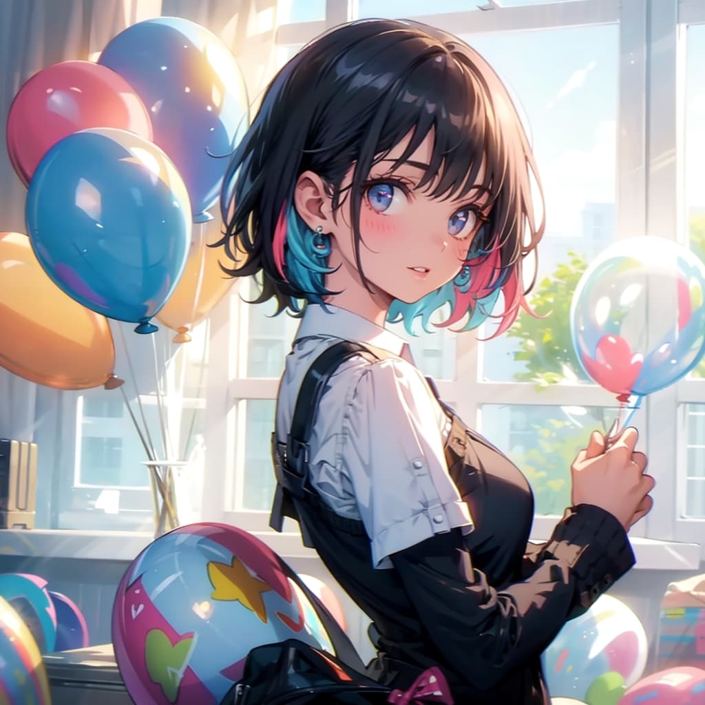 いっぱい色とりどりの風船を持つ黒髪ショートカットの美女 | の人気AIイラスト・グラビア