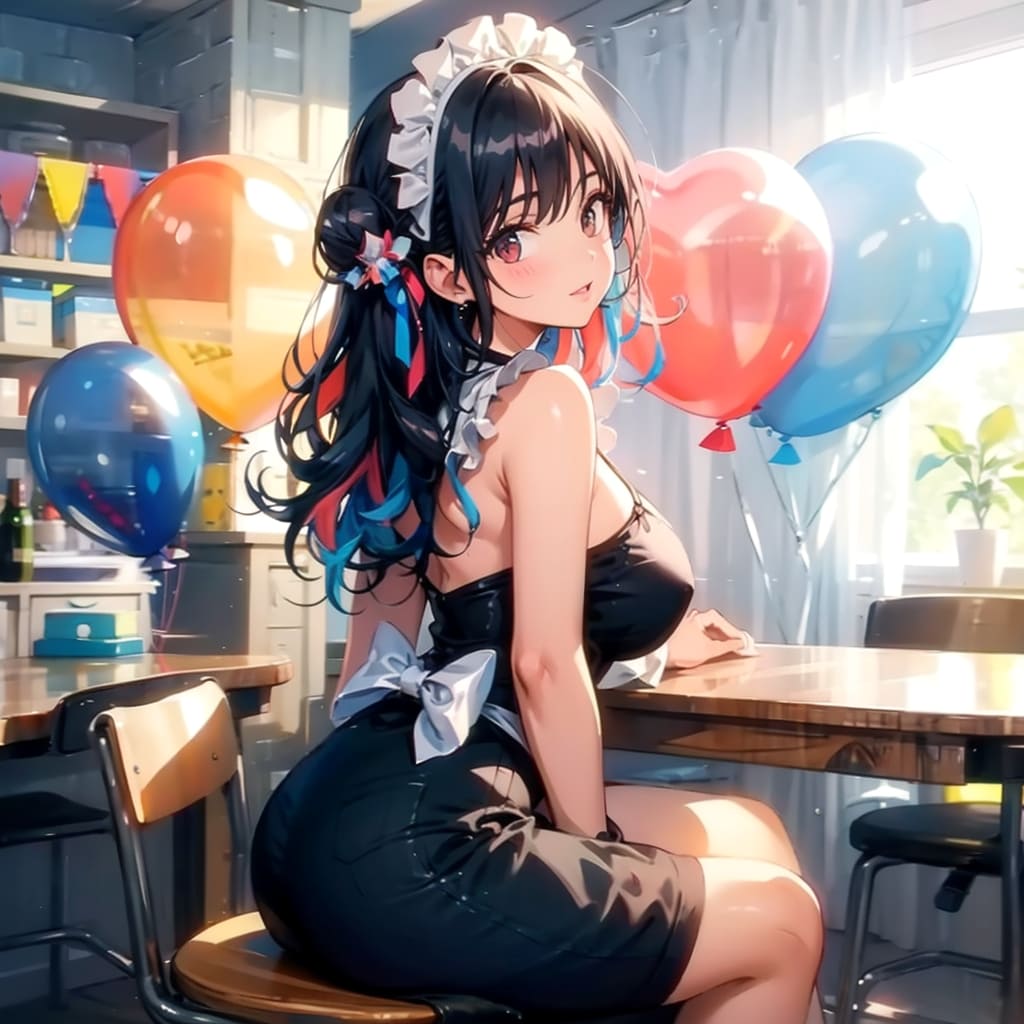 いっぱい色とりどりの風船を持つ黒髪ロングのメイド服着た美女