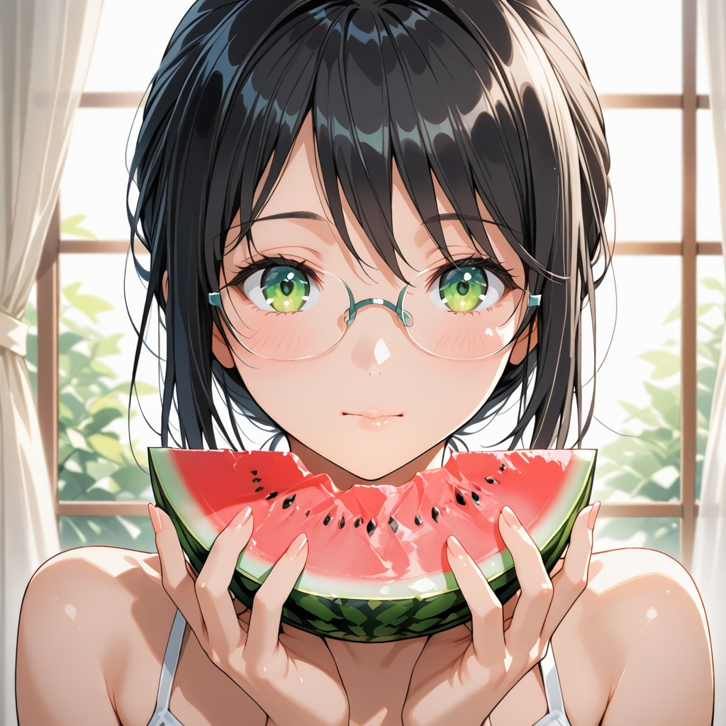 黒髪メガネとスイカ