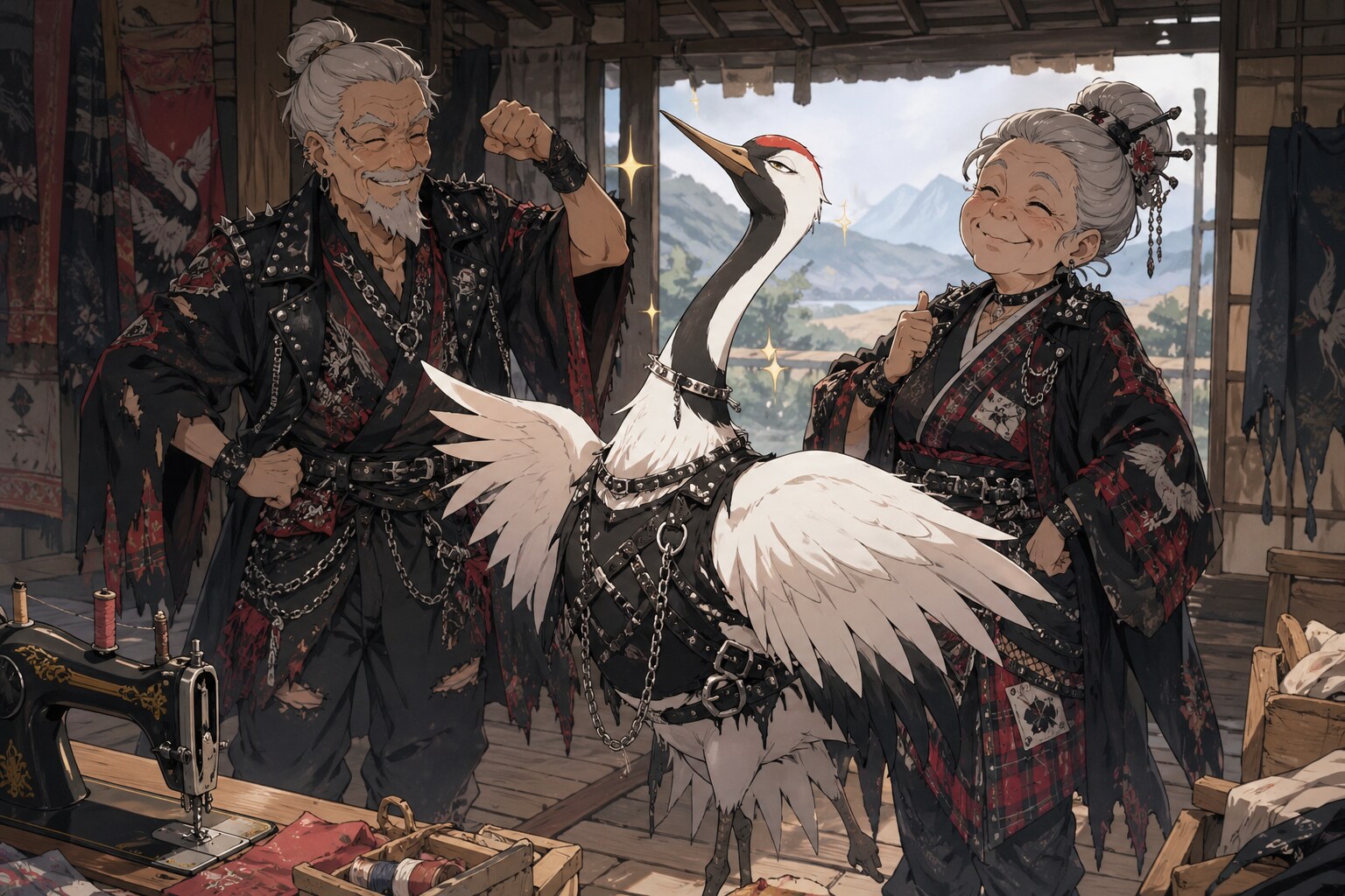 パンクな衣装を織った鶴