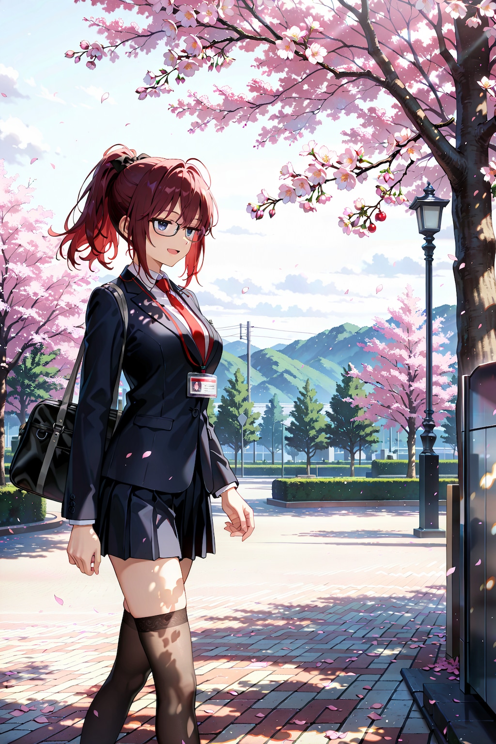 桜並木の下を通勤中のジト目先生