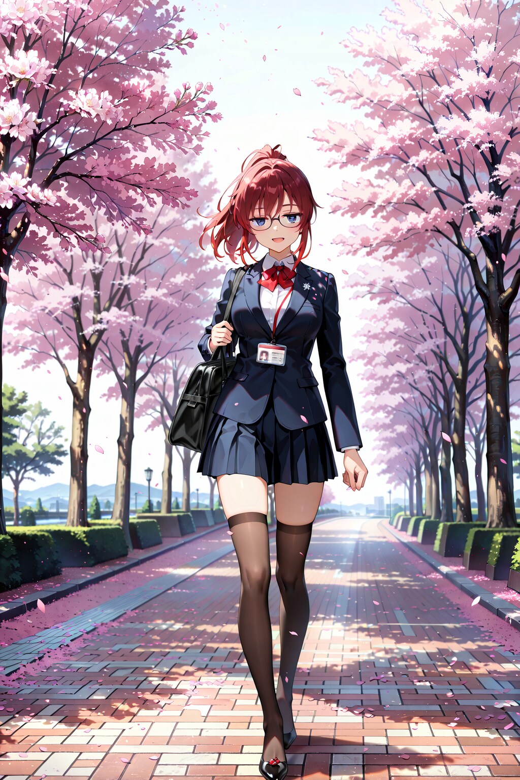 桜並木の下を通勤中のジト目先生