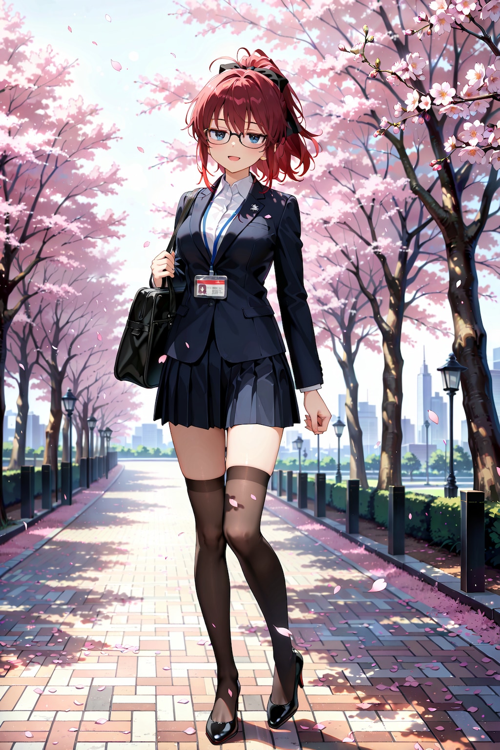 桜並木の下を通勤中のジト目先生