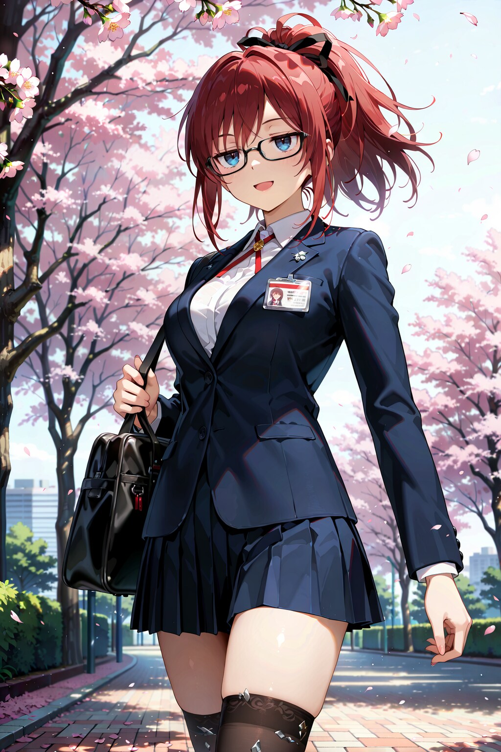 桜並木の下を通勤中のジト目先生