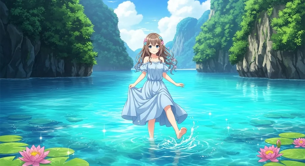 入り江の水浴び少女