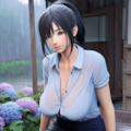 雨が降る中、軒下で座る女性 4枚目