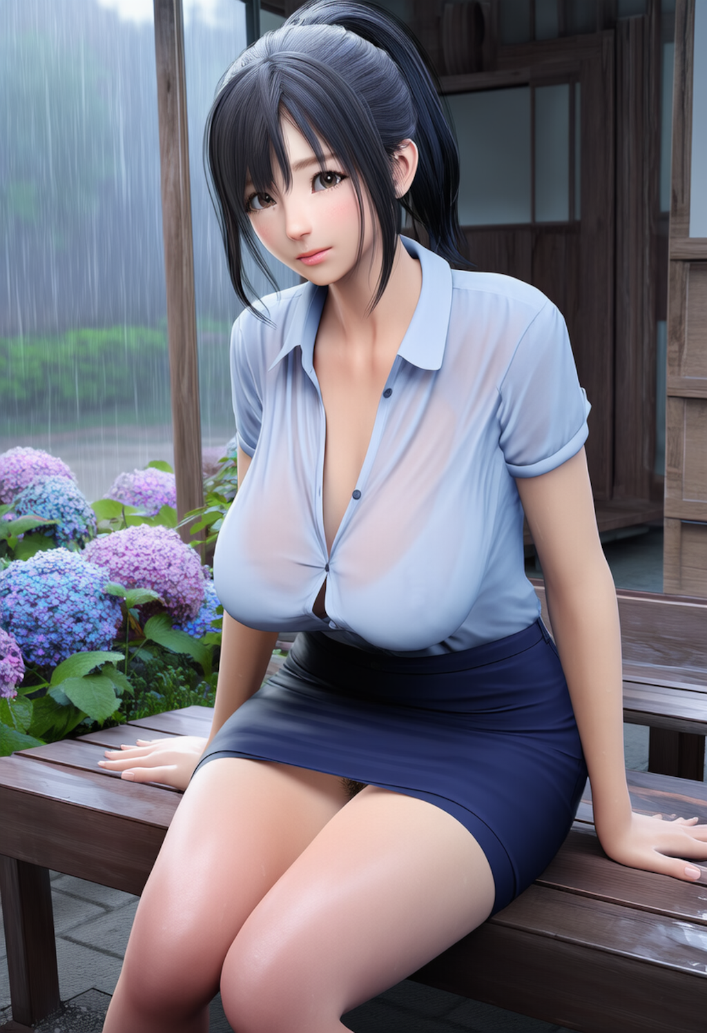 雨が降る中、軒下で座る女性