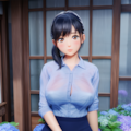 雨が降る中、軒下で座る女性 2枚目