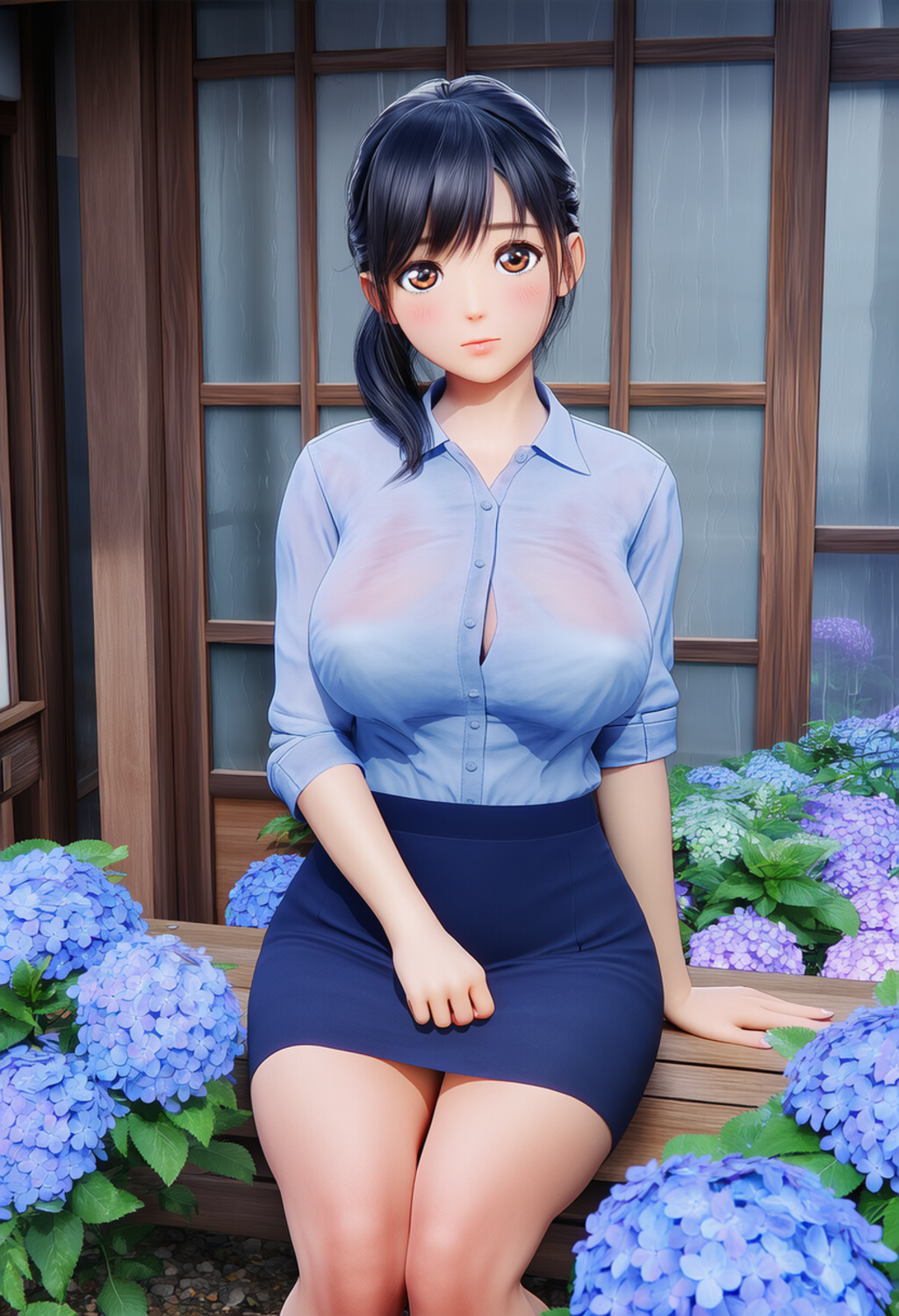 雨が降る中、軒下で座る女性