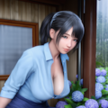 雨が降る中、軒下で座る女性 3枚目