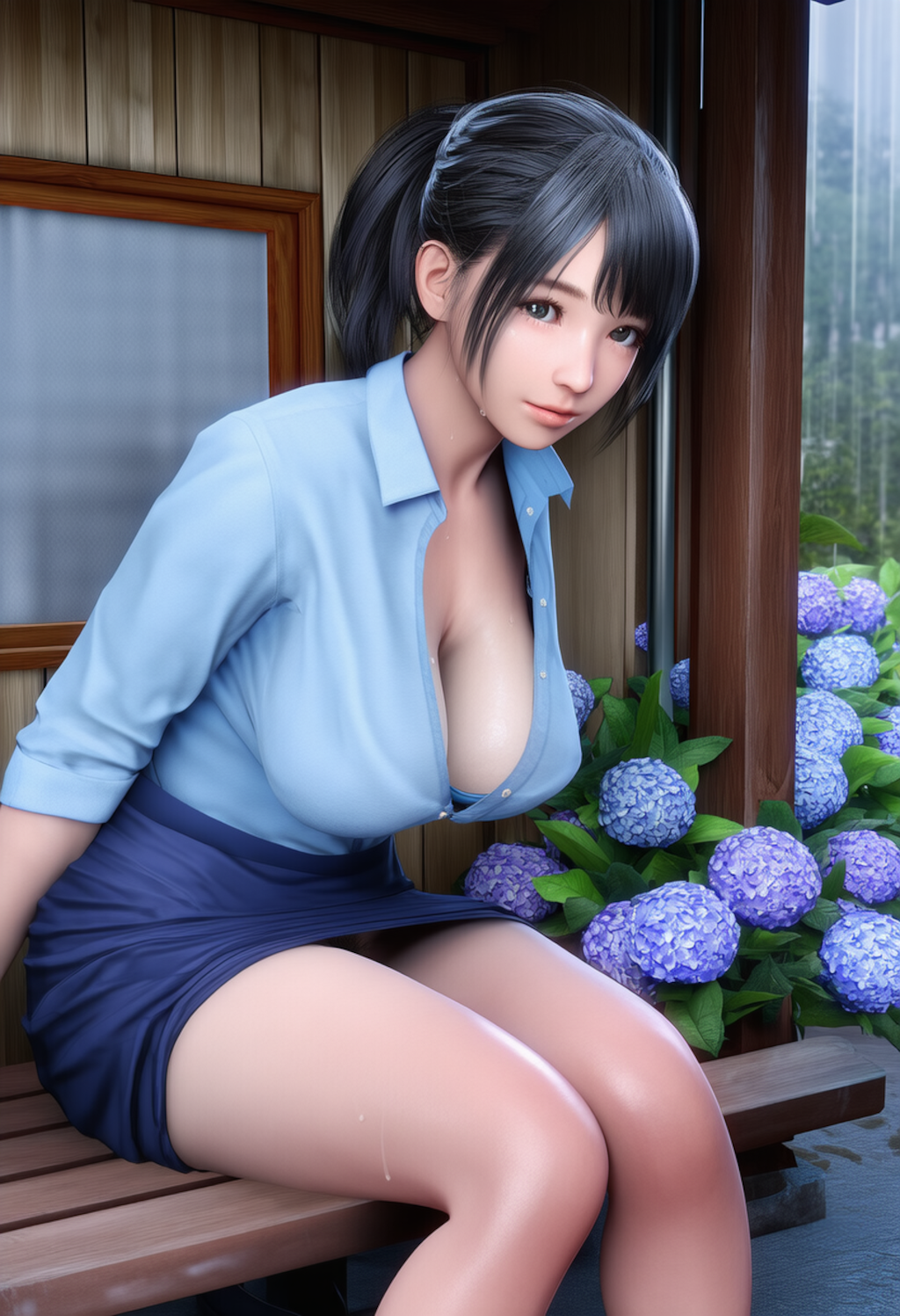 雨が降る中、軒下で座る女性