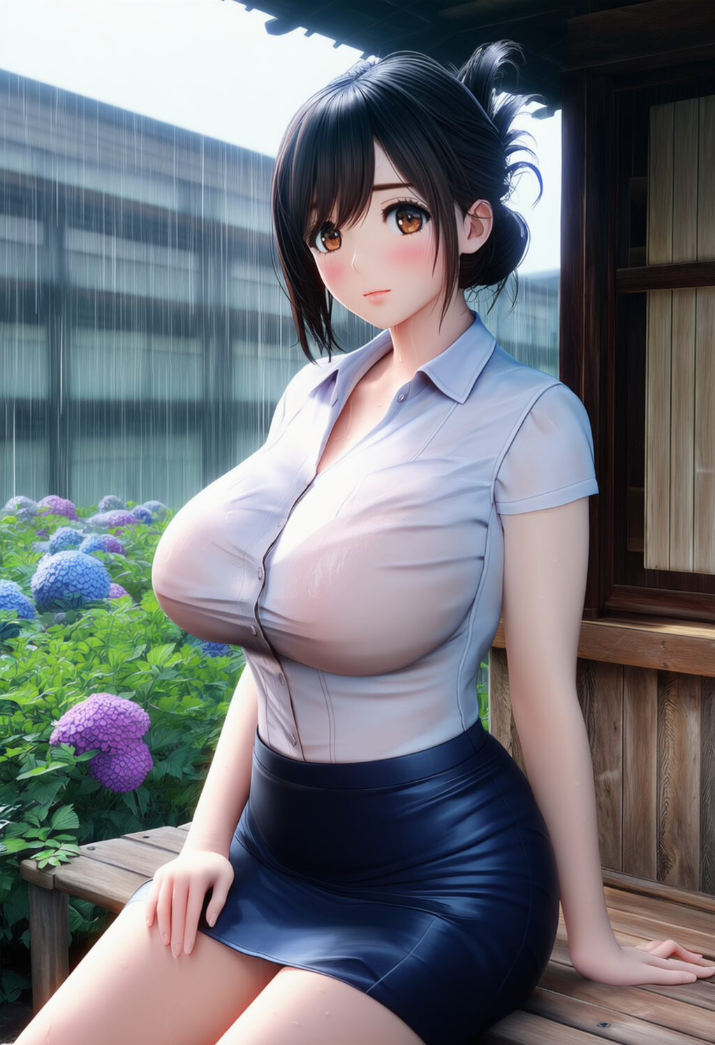 雨が降る中、軒下で座る女性